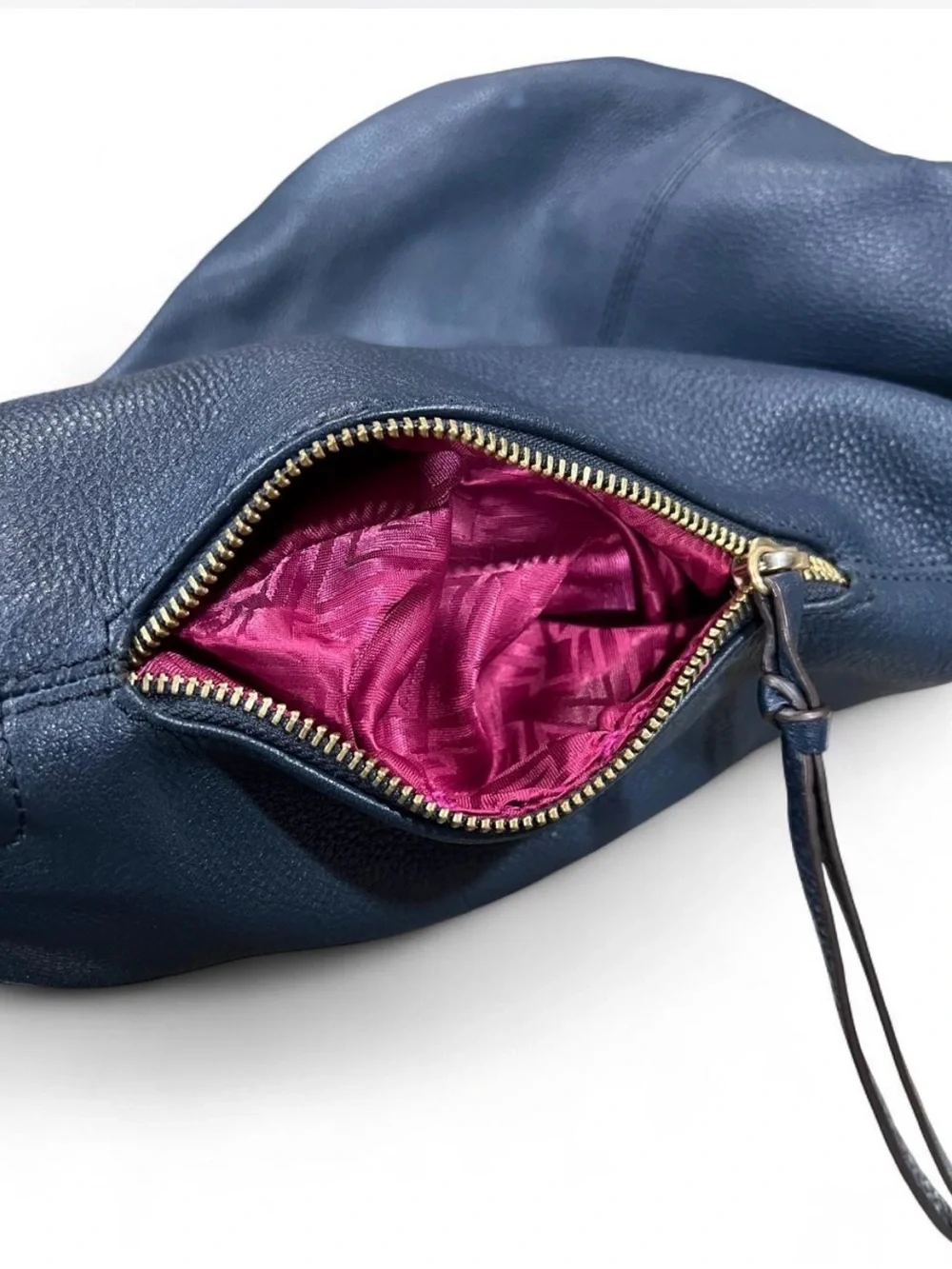 Silpada Navy Genuine Leather Hobo Bag Fuchsia Lining